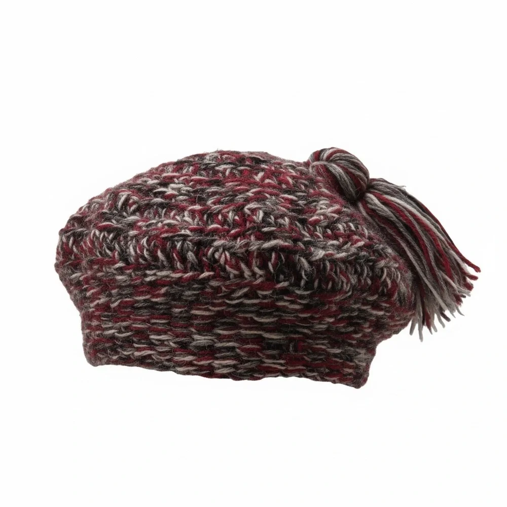 VTG 70s Burgundy Gray Black Chunky Knit Beret Hat w/ Tassel